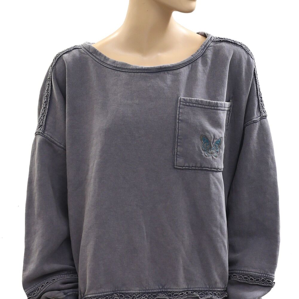 Free People Golden Hour Sweatshirt Top Eyelet Embroidered Oversized L New 284124 - Picture 5 of 7